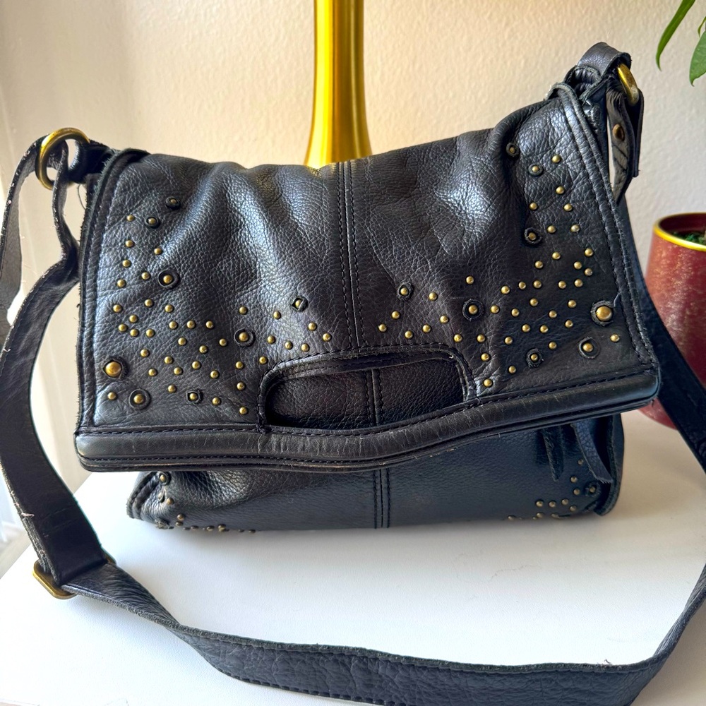 Lucky Brand 100% Black Leather Tote / Crossbody with studs - Picture 3 of 16